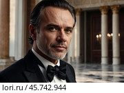 Portrait of handsome middle-aged man in black tuxedo and bow tie at luxury palace, strong looking at camera. Confident stylish businessman in tux. Fashionable festive image concept. Copy ad text space. Стоковое AI-изображение, AI-художник Aleksandr Golubev / Фотобанк Лори