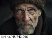 Portrait of senior homeless man expressing wisdom and hardship. Стоковое AI-изображение, AI-художник Иван Рябоконь / Фотобанк Лори
