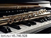 Close-up of gold flute on black white piano keys. Flute with piano, wind instrument for musical design of concert creativity. Music orchestra concert concept. Copy ad text space. Copy ad text space. Стоковое AI-изображение, AI-художник Aleksandr Golubev / Фотобанк Лори