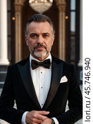 Portrait of handsome middle-aged man in black tuxedo and bow tie at luxury palace, strong looking at camera. Confident stylish businessman in tux. Fashionable festive image concept. Copy ad text space. Стоковое AI-изображение, AI-художник Aleksandr Golubev / Фотобанк Лори