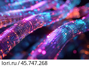 Fiber optic cables transferring digital data stream in purple and blue. Стоковое AI-изображение, AI-художник Иван Рябоконь / Фотобанк Лори