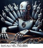 An artificial intelligence tried to create humanoid robot, but could not decide on number of fingers on its hands. Стоковое AI-изображение, AI-художник Владимир Григорьев / Фотобанк Лори