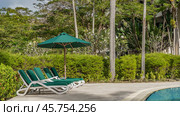 Recreation area by the swimming pool. A row of deck chairs with soft mattresses under a sun umbrella. Lush tropical vegetation, palm trees, bushes all around. Malaysia. Borneo.Kota Kinabalu. (2023 год). Стоковое фото, фотограф Вера Ивановна Кубарева / Фотобанк Лори