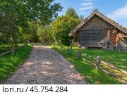 View of an ancient log outbuilding on the territory of the Pushkin village in Bugrovo of the Pushkin Museum-Reserve on a sunny summer day, Pushkinskiye Gory, Pskov region, Russia. Редакционное фото, фотограф Ula Ulachka / Фотобанк Лори