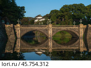 Seimon-seki Bridge and the two-storey keep Fushimi-yagura in the background on a sunny autumn day, Tokyo Imperial Palace, Chiyoda district, Tokyo, Japan. Стоковое фото, фотограф Ula Ulachka / Фотобанк Лори