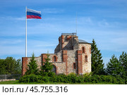 Флаг Российской Федерации у старинной церкви Благовещения Пресвятой Богородицы. Рюриково Городище, Великий Новгород (2023 год). Стоковое фото, фотограф Анна Карасева / Фотобанк Лори