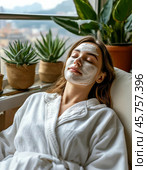 Spa treatments for the face, peeling face mask, skin care. Young woman with cream mask on her face. Close-up. Стоковое AI-изображение, AI-художник Сергей Елизарьев / Фотобанк Лори