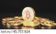 Gold Bit Coin BTC Cryptocurrency Coins on a black background. Bitcoin is a worldwide cryptocurrency and digital payment system called the first decentralized digital currency. Стоковое видео, видеограф Андрей Армягов / Фотобанк Лори