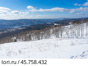Sunny frosty winter day. Natural landscape hill slope snow, trees without leaves (2020 год). Стоковое фото, фотограф Екатерина Якименко / Фотобанк Лори