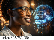 New digital artificial intelligence technologies in dental prosthetics. Implants. A black female dentist with a perfect smile and digital dental graphics on a virtual screen. The concept of dental health and dental care. Стоковое AI-изображение, AI-художник Photojuli / Фотобанк Лори