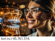 New digital artificial intelligence technologies in dental prosthetics. Implants. A female dentist with a perfect smile and digital dental graphics on a virtual screen. The concept of dental health and dental care. Стоковое AI-изображение, AI-художник Photojuli / Фотобанк Лори