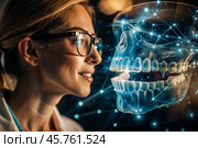 New digital artificial intelligence technologies in dental prosthetics. Implants. A female dentist with a perfect smile and digital dental graphics on a virtual screen. Стоковое AI-изображение, AI-художник Photojuli / Фотобанк Лори