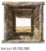 Wooden shack overlooking a golden field on a clear day. Стоковое AI-изображение, AI-художник Иван Рябоконь / Фотобанк Лори