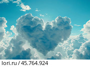 Heart shaped cloud formation illuminating blue sky with sunlight. Стоковое AI-изображение, AI-художник Иван Рябоконь / Фотобанк Лори