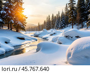 Восход солнца. Зимний пейзаж с незамерзающим ручьем. Sunrise. Winter landscape with unfrozen stream. Стоковое AI-изображение, AI-художник Гер Олег / Фотобанк Лори