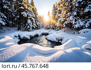 Восход солнца. Зимний пейзаж с незамерзающим ручьем. Sunrise. Winter landscape with unfrozen stream. Стоковое AI-изображение, AI-художник Гер Олег / Фотобанк Лори