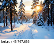 Восход солнца. Зимний пейзаж с незамерзающим ручьем. Sunrise. Winter landscape with unfrozen stream. Стоковое AI-изображение, AI-художник Гер Олег / Фотобанк Лори