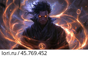 Powerful sorcerer casting a magic spell with fire and energy swirls. Стоковое AI-изображение, AI-художник Юрий Поздников / Фотобанк Лори