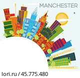 Manchester Skyline with Color Buildings, Blue Sky and Copy Space. Стоковая иллюстрация, иллюстратор Игорь Сорокин / Фотобанк Лори