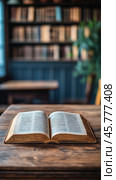 Antique book rests on wooden table in cozy library filled with shelves of classic literature. Стоковое AI-изображение, AI-художник Юлия Гапеенко / Фотобанк Лори