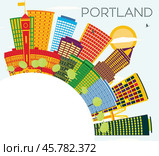 Portland Oregon City Skyline with Color Buildings, Blue Sky and Copy Space. Стоковая иллюстрация, иллюстратор Игорь Сорокин / Фотобанк Лори