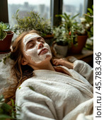 Spa treatments for the face, peeling face mask, skin care. Young woman with cream mask on her face. Close-up. Стоковое AI-изображение, AI-художник Сергей Елизарьев / Фотобанк Лори