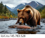 Brown bear hunts salmon in a taiga river, which goes to spawn. Стоковое AI-изображение, AI-художник Сергей Елизарьев / Фотобанк Лори