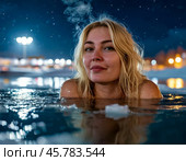 A beautiful girl takes a dip in an ice hole. Epiphany bathing is a tradition associated with the feast of the Epiphany of the Lord, which the Orthodox world celebrates on January 19. Стоковое AI-изображение, AI-художник Сергей Елизарьев / Фотобанк Лори
