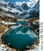 Mountain lake against the backdrop of snow-capped mountains. Mountain landscape. Стоковое AI-изображение, AI-художник Сергей Елизарьев / Фотобанк Лори