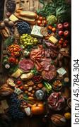 Vibrant display of assorted gourmet foods on a wooden table in a rustic setting. Стоковое AI-изображение, AI-художник Юлия Гапеенко / Фотобанк Лори