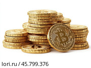 A bright and attractive illustration of a stack of golden Bitcoin coins on a white background. Стоковое AI-изображение, AI-художник Ярославский Максим / Фотобанк Лори