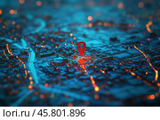 Цифровая карта с геометкой    Абстрактное изображение трехмерной карты города с яркими линиями улиц и освещением, символизирующими дороги и инфраструктуру. В центре карты расположена красная гео метка, указывающая на точку назначения или важное место. Снимок выполнен в футуристическом стиле с акцентом на цифровые технологии и системы навигации. Стоковое AI-изображение, AI-художник Анна Чижова / Фотобанк Лори