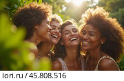 Friends celebrate summer getaway in lush tropical setting with laughter and smiles amidst vibrant greenery. Tropics are climatic zones of Earth in which Sun is at its zenith at least once year. AI. Стоковое AI-изображение, AI-художник Юлия Петровская / Фотобанк Лори