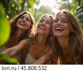 Friends celebrate summer getaway in lush tropical setting with laughter and smiles amidst vibrant greenery. Tropics are climatic zones of Earth in which Sun is at its zenith at least once year. AI. Стоковое AI-изображение, AI-художник Юлия Петровская / Фотобанк Лори