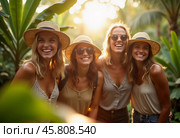 Friends celebrate summer getaway in lush tropical setting with laughter and smiles amidst vibrant greenery. Tropics are climatic zones of Earth in which Sun is at its zenith at least once year. AI. Стоковое AI-изображение, AI-художник Юлия Петровская / Фотобанк Лори