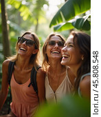 Friends celebrate summer getaway in lush tropical setting with laughter and smiles amidst vibrant greenery. Tropics are climatic zones of Earth in which Sun is at its zenith at least once year. AI. Стоковое AI-изображение, AI-художник Юлия Петровская / Фотобанк Лори