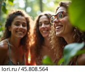Friends celebrate summer getaway in lush tropical setting with laughter and smiles amidst vibrant greenery. Tropics are climatic zones of Earth in which Sun is at its zenith at least once year. AI. Стоковое AI-изображение, AI-художник Юлия Петровская / Фотобанк Лори