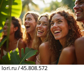 Friends celebrate summer getaway in lush tropical setting with laughter and smiles amidst vibrant greenery. Tropics are climatic zones of Earth in which Sun is at its zenith at least once year. AI. Стоковое AI-изображение, AI-художник Юлия Петровская / Фотобанк Лори