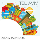 Tel Aviv Israel City Skyline with Color Buildings, Blue Sky and Copy Space. Стоковая иллюстрация, иллюстратор Игорь Сорокин / Фотобанк Лори