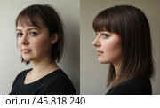 До и после наращивания волос у девушки. Стоковое AI-изображение, AI-художник Anna Leeva / Фотобанк Лори
