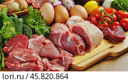 Fresh meat, eggs. Animal protein sources. Raw beef meat steak, chicken breast fillet and greens. Copy space. Food backgrounds. High protein food. Healthy products. Diet and Nutrient. Close up. Стоковое AI-видео, аниматор Марина Демидюк / Фотобанк Лори