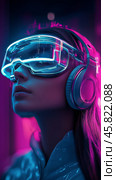Futuristic woman wearing high-tech goggles and headphones in blue lighting. Стоковое AI-изображение, AI-художник Юлия Гапеенко / Фотобанк Лори