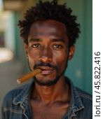 A young man residing in Cuba smokes a cigar while looking directly at the viewer, showcasing a unique hairstyle and a calm demeanor in a vibrant environment. Generative AI. Стоковое AI-изображение, AI-художник Юлия Петровская / Фотобанк Лори