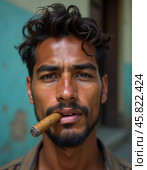 A young man residing in Cuba smokes a cigar while looking directly at the viewer, showcasing a unique hairstyle and a calm demeanor in a vibrant environment. Generative AI. Стоковое AI-изображение, AI-художник Юлия Петровская / Фотобанк Лори