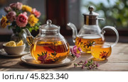 A table with a teapot, cups, and flowers. The teapot is on a white plate and the cups are on a saucer. The flowers are in vases and there is a lemon on the table. Стоковое AI-видео, аниматор Виктория Кольцова / Фотобанк Лори