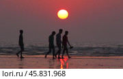 Beautiful sunset on the ocean. Silhouettes of people on the shore. Стоковое видео, видеограф Виктор Тихонов / Фотобанк Лори