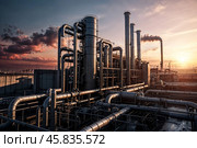 Industrial factory, furnace and heat exchanger cracking hydrocarbons at sunset background. Equipment petrochemical plant with pipes. Manufacturing and industry technology concept. Copy ad text space. Стоковое AI-изображение, AI-художник Aleksandr Golubev / Фотобанк Лори