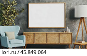 Frame mock-up. Poster mockup. Latest Trends in Modern Living Room. Minimalist Bohemian Furniture styles. Stylish home minimal design with a wooden cabinet, cozy blue chair. Boho interior, rustic decor. Стоковое AI-видео, аниматор Марина Демидюк / Фотобанк Лори