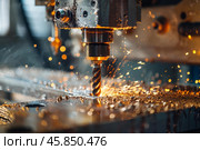 Industrial machine tool drilling metal surface creating sparks. Стоковое AI-изображение, AI-художник Иван Рябоконь / Фотобанк Лори