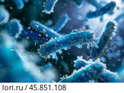 Microscopic view of bacteria spreading through a medium. Стоковое AI-изображение, AI-художник Иван Рябоконь / Фотобанк Лори